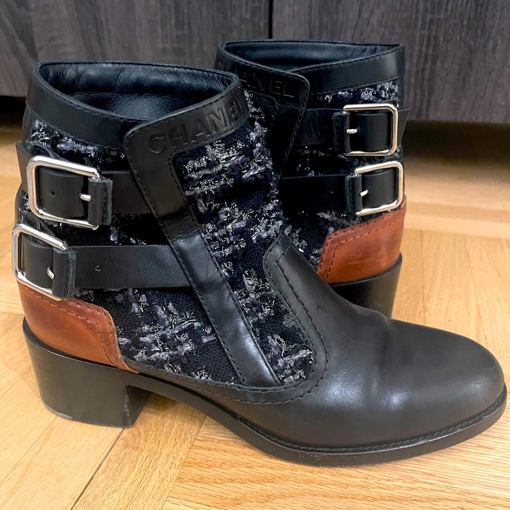 CHANEL tweed lambskin booties